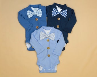 Baby Boy Gentleman Outfit. Choice of Cardigan Bowtie Outfit. Baby Bow Tie. Dapper Newborn Boy. Navy Blue Gingham Check.