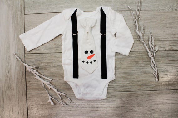 Snowman Tie and Suspender Bodysuit Outfit. Baby Boy Christmas Outfit. Snowman face. Chevron tie. Newborn boy toddler boy winter shirt Il_570xn