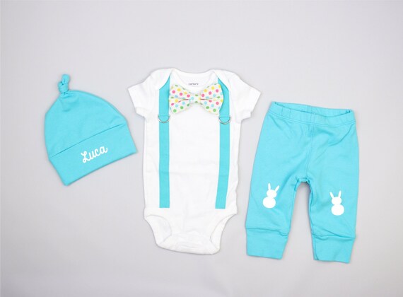 Baby Boy Easter Outfit with Personalized Knot Hat. Aqua. Name. Bow Tie and Suspenders. Newborn Boy. 1st Easter. Pants. Set. Picture Outfit Il_570xn