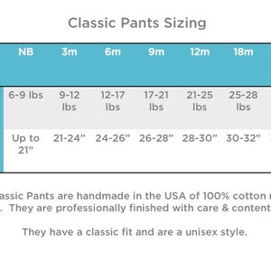 May include: A chart showing classic pants sizing for babies in the USA. The chart shows the size in months, weight in pounds, and height in inches. The sizes range from newborn to 24 months.