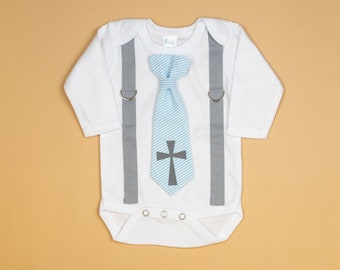 Baby Boy Baptism Outfit, After Baptism Outfit, church clothes, infant, christening outfit, cross tie, blue tie, baptism bodysuit, newborn