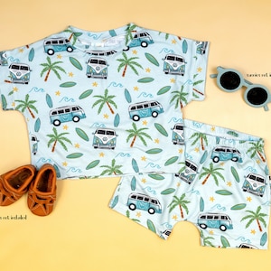 Bamboo Baby and Toddler Boy Clothes for Summer. Surfing Beach Van Print. Handmade in USA dolman top and shorts. Cute clothes for boys.