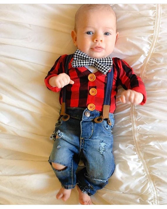 Newborn Boy Name. 1st First Christmas Moose Personalized Buffalo Plaid Cardigan and Jeans Baby Boy Christmas Outfit Baby Lumberjack