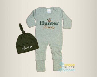 Baby Boy Mallard Duck Coming Home Outfit, Sage Romper with Dark Green Hat, Take home, Going Home Personalized, Baby Boy, First Middle Name