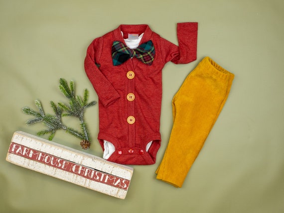 Baby Boy Christmas Outfit. Heathered Red & Mustard Corduroy, Plaid Bow tie. 1st Christmas. Newborn. Classic. Rustic. Picture Outfit. Il_570xn