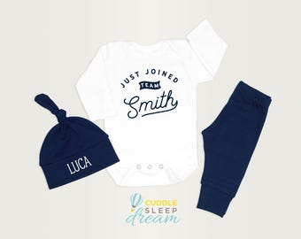 Baby Boy Coming Home Outfit. Just Joined Team in NAVY BLUE. First and Last Name. Newborn. Custom Personalized Baby Gift