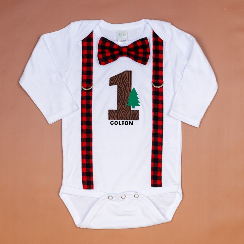 Christmas Birthday Outfit. Lumberjack 1st Birthday Shirt. Buffalo Plaid Check. Baby Boy 1st Birthday Outfit. Tree Woodland. Cake Smash. image 3