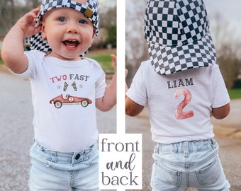 Two Fast 2nd Birthday Shirt, Boys Race Car Birthday Outfit, Racing Birthday, Personalized Name on the Back, #2 on Back, Red Racecar Shirt