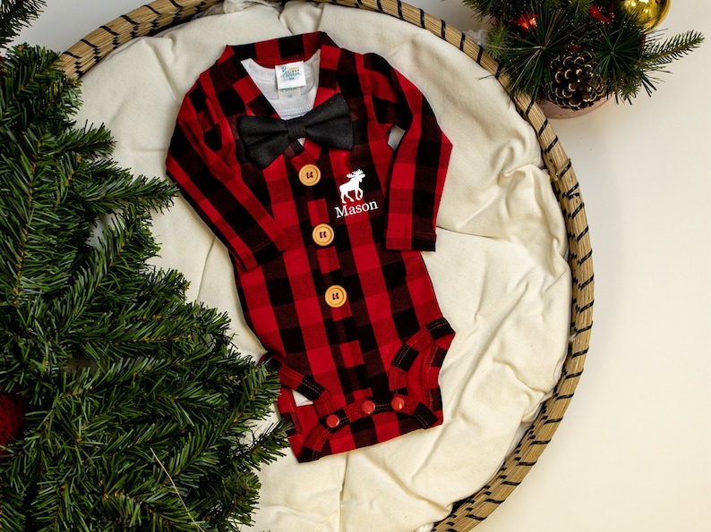 Buffalo Plaid Cardigan. Baby Boy Christmas Outfit. Buffalo Plaid Baby Outfit. Newborn Boy. Baby Lumberjack. 1st First Christmas. Moose. image 1