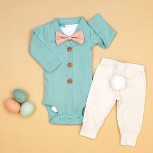 Baby Boy Easter Outfit, Personalized. Robin's Egg Cardigan with Coral Bow Tie. Tail Pants. 1st Easter Outfit.  Newborn boy. Bunny Tail Pants