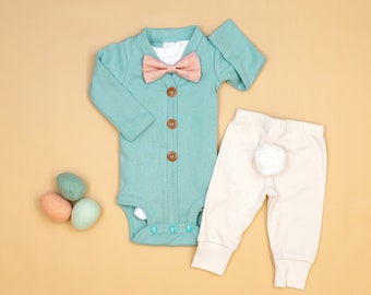Baby Boy Easter Outfit, Personalized. Robin's Egg Cardigan with Coral Bow Tie. Tail Pants. 1st Easter Outfit.  Newborn boy. Bunny Tail Pants