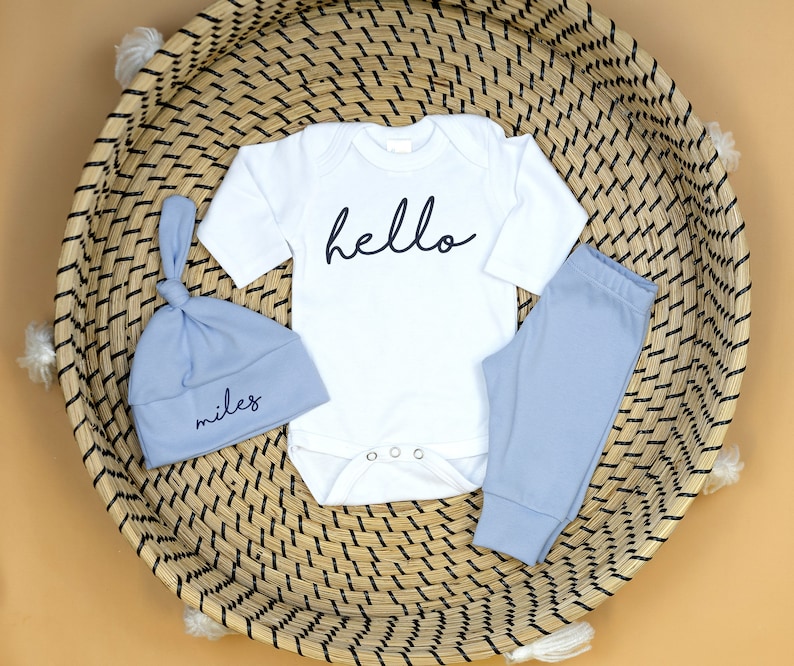 Newborn boy coming home outfit. Baby Boy coming home outfit. Go Home Outfit Baby boy. take home outfit newborn boy outfit. Hello Light Blue image 1