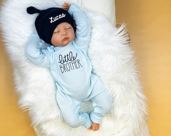 Little Brother Coming Home Outfit, Romper with Personalized Name Hat, Take home outfit, Going Home Personalized, Newborn Boy, Baby Boy