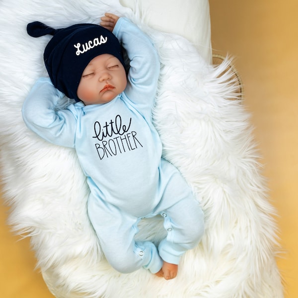 Little Brother Coming Home Outfit, Romper with Personalized Name Hat, Take home outfit, Going Home Personalized, Newborn Boy, Baby Boy