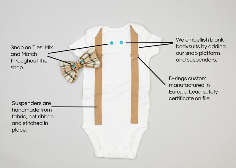 May include: A white bodysuit with tan suspenders and a plaid bow tie. The suspenders have D-rings and the bow tie has turquoise blue accents. The text "Snap on Ties: Mix and Match throughout the shop." is visible in the image.