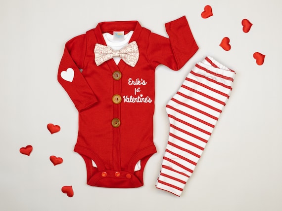 First Valentines Day Outfit Boy. Red Cardigan Set with Pants. Baby Boy. Bow tie. Newborn Boy. Bow Tie. Personalized. Il_570xn