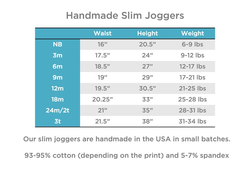 Puede incluir: Un gr&aacute;fico que muestra las recomendaciones de talla para joggers slim hechos a mano para beb&eacute;s y ni&ntilde;os peque&ntilde;os. El gr&aacute;fico enumera las tallas desde reci&eacute;n nacido hasta 3T, con las medidas de cintura correspondientes en pulgadas, las medidas de altura en pulgadas y las medidas de peso en libras.