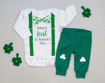 Personalized 1st St. Patrick's Day Baby Boy Outfit. Green Bow tie Bowtie and Suspenders. Infant, Newborn. St. Patty's Day. Name. Pants