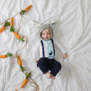Personalized Easter bunny outfit for baby boy. Newborn boy, infant boy. Custom Name tie and suspenders bodysuit. Navy. Monogram. image 6