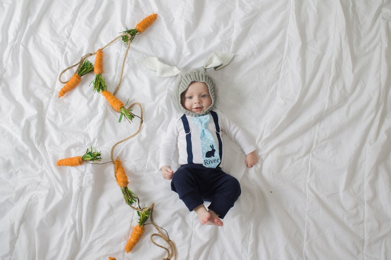 Personalized Easter bunny outfit for baby boy. Newborn boy, infant boy. Custom Name tie and suspenders bodysuit. Navy. Monogram. image 6