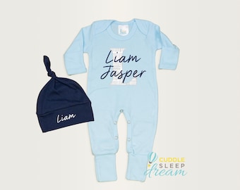 Baby Boy Coming Home Outfit Romper, Personalized First, Middle Name, Initial, Take home outfit, Blue and Navy, Newborn Boy, Baby Boy