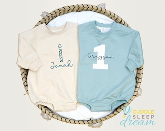 Boy First Birthday Outfit. 1st Birthday Sweatshirt, Winter Birthday, Sweater Romper. Name and Candle. Name and Number 1. Candle Shirt.