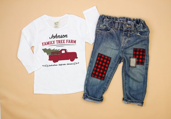Boys Christmas Truck Outfit with Jeans. Personalized Shirt. Red Vintage Truck with Tree. Family Farm. Toddler Baby Boy. Name. Il_570xn