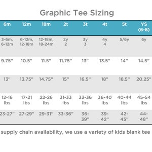 Puede incluir: Un gr&aacute;fico que muestra el tama&ntilde;o de las camisetas gr&aacute;ficas para ni&ntilde;os. El gr&aacute;fico incluye medidas para el pecho, la longitud delantera, el peso y la altura. Las tallas van desde los 6 meses hasta la talla mediana juvenil (10-12).