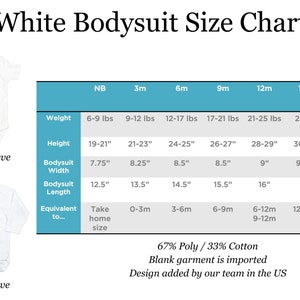 May include: White bodysuit size chart with measurements in inches and pounds for newborn to 24 months. The chart includes weight, height, bodysuit width, bodysuit length, and equivalent home size.