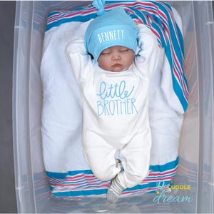 Little Brother Coming Home Outfit, Baby Boy Take home outfit, Going Home Personalized, Newborn, White Romper w/ Sky Blue Hat