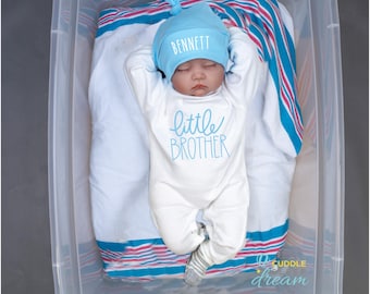 Little Brother Coming Home Outfit, Baby Boy Take home outfit, Going Home Personalized, Newborn, White Romper w/ Sky Blue Hat