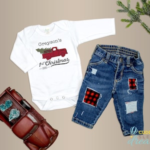 Baby Boy 1st Christmas Truck Outfit with jeans. Personalized Name and Year 2025. Name Shirt. Farm Truck. Newborn Infant Boy. Buffalo Plaid