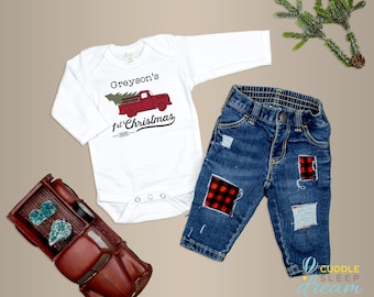 Baby Boy 1st Christmas Truck Outfit with jeans. Personalized Name and Year 2025. Name Shirt. Farm Truck. Newborn Infant Boy. Buffalo Plaid