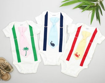 Summer Baby Boy Clothes. Newborn Preppy Nautical Baby Tie & Suspender Outfit.  whale crab palm. Coming Home Outfit, 1st Birthday, Pictures