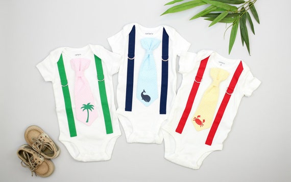 Summer Baby Boy Clothes. Newborn Preppy Nautical Baby Tie & Suspender Outfit. whale crab palm. Coming Home Outfit, 1st Birthday, Pictures Il_570xn