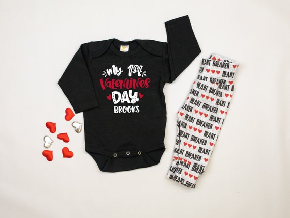 Personalized First Valentine's Day Outfit for Baby Boy,My 1st Valentine Bodysuit, Heartbreaker Leggings, Newborn boy Name Il_570xn
