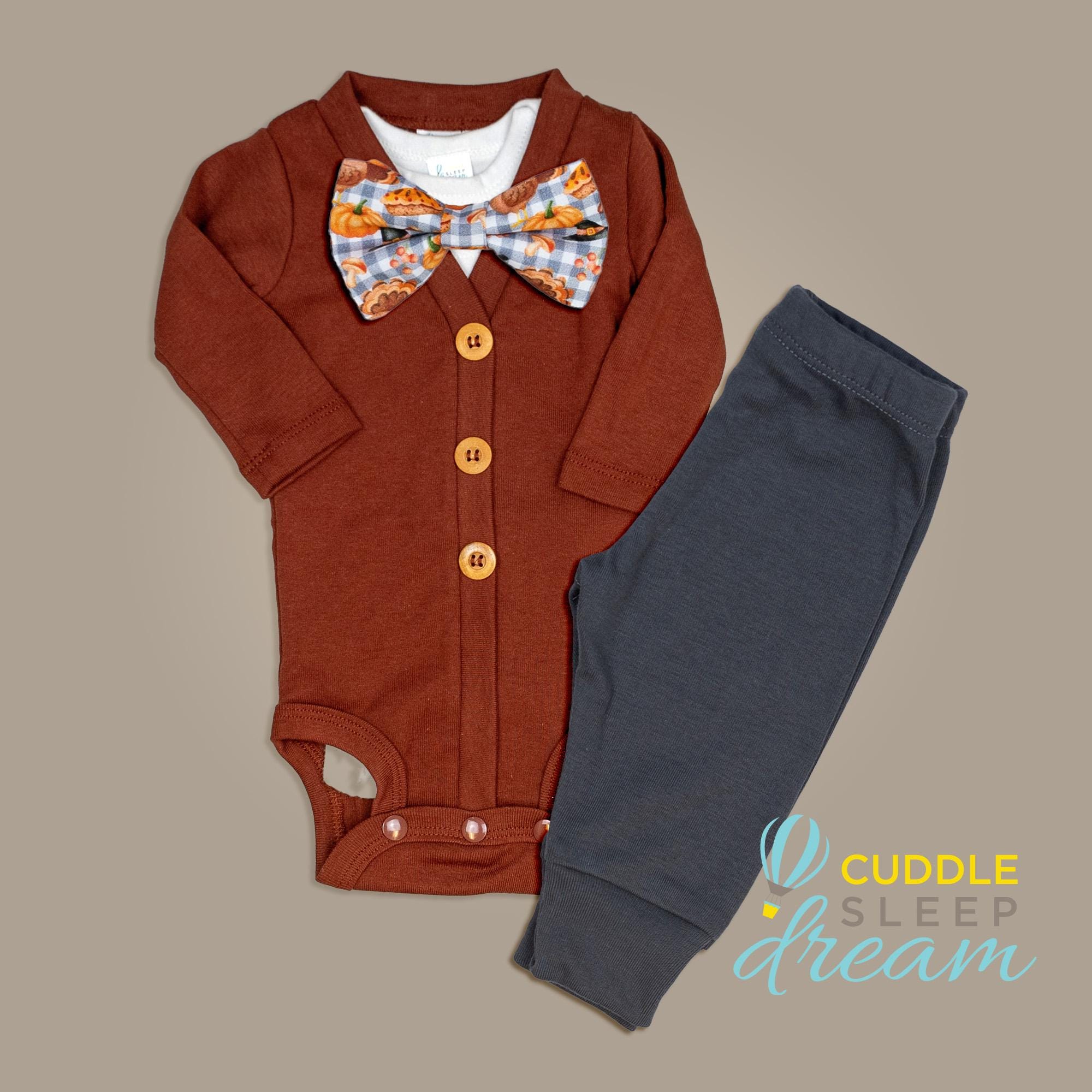 Baby Boy Thanksgiving Sweater Outfit. Baby Boy Fall Clothes. RUST Cardigan. Turkey Bow tie. Gray Pants. Gentleman Baby Bow Tie. Bowtie.