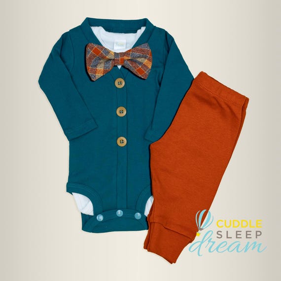 Thanksgiving Outfit for Baby Boy. Baby Boy Fall Clothes. TEAL Baby Cardigan Bodysuit with Bowtie. Newborn Boy. Gentleman Clothes.  Dapper
