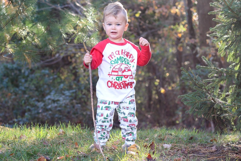 Toddler Boy Christmas Outfit, Boys Raglan, Funny Christmas Shirt. 2t 3t 4t 5t, Happy Camper, Tshirt image 1