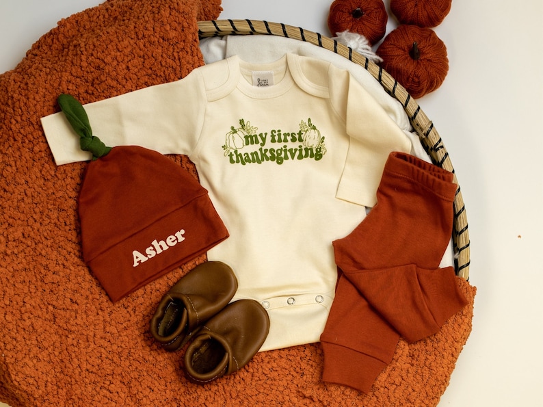 Baby 1st thanksgiving Outfit. Newborn boy, infant girl. Gender neutral bodysuit. Burnt Orange pants. Personalized hat. Simple Retro Style image 2