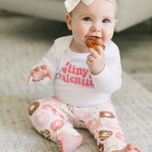Baby Girl Valentine's Day Outfit. Tiny Valentine. Pink. Valentine Donuts Doughnuts. Toddler Girl. Pink Donut Leggings. Coral.