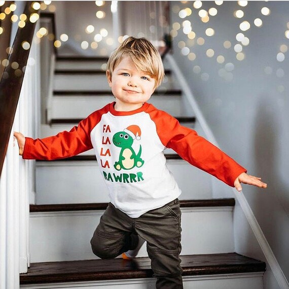 Funny Baby or Toddler Boys Christmas Dinosaur Shirt. Christmas Graphic tee. Red and Green Raglan. Il_570xn