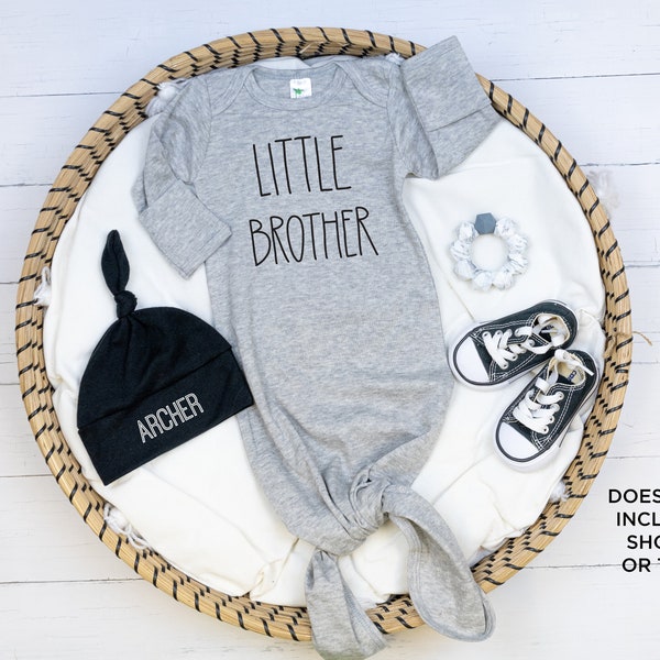 Little Brother Baby Knot Gown with Name. Personalized. Gray and Black. Coming Home Outfit. Hospital Outfit. Take Home. Newborn Boy Gift.