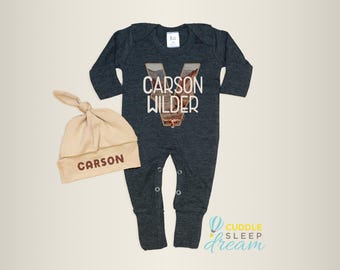 Western Theme Baby Boy Coming Home Outfit, Dark Gray Romper with Personalized Name Hat, Take home outfit, Personalized, Newborn Boy, Cowboy
