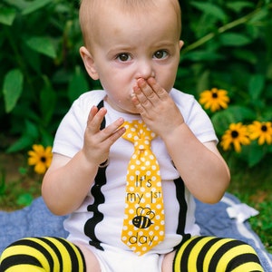 Bee 1st Birthday Outfit Boy. Bumblebee cake smash. Tie and Suspenders. It&#39;s my Bee Day Bday.