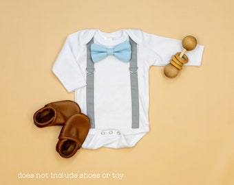 Baby boy easter picture outfit. LIGHT GRAY / BLUE Wedding clothes. Bow Tie. Tie and suspender bodysuit. Spring. 3m 6m 12m 18m