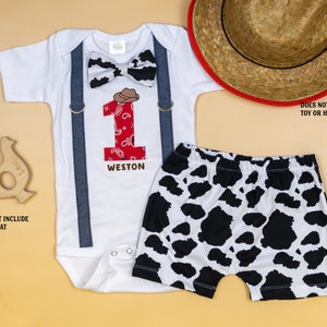 My First Rodeo Cake Smash Outfit for Boys.  Personalized Western Theme Birthday Shirt. Bow Tie and Suspenders with Cow print shorts, paisley