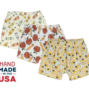 Back to School Shorts. Boy 1st Day of School. School Bus, Crayons, Apples, Pencils. Boy Shorts. Preschool, Pre-K, Kindergarten