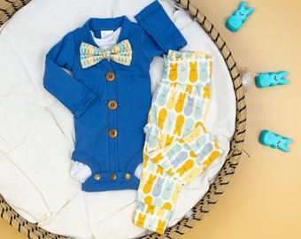 Baby Boy Easter Outfit. Denim Blue Cardigan with Handmade Marshmallow Bunny Leggings. 1st Easter Outfit. Baby Bow tie. Newborn boy.