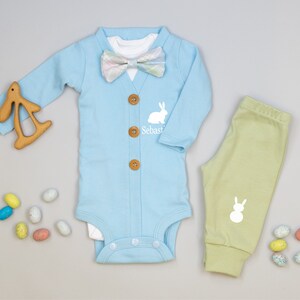 Personalized Baby Boy Easter Outfit. Sky Blue Cardigan with Plaid Bow Tie. Mint Bunny Knee Pants. 1st Easter Outfit. Bowtie. Newborn boy.